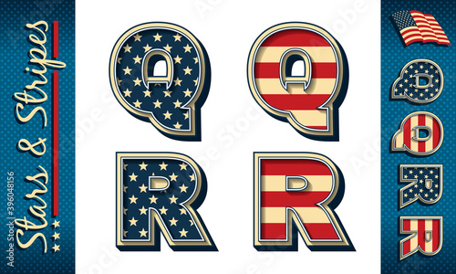 Letters Q and R. Stylized vector initials with USA flag elements and colors, isolated on white with example on dark background.