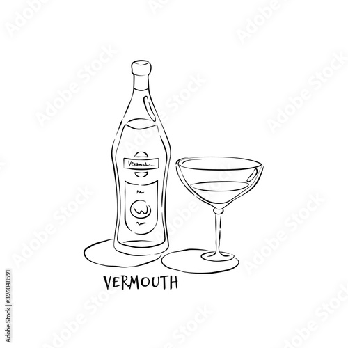 Bottle and glass vermouth in hand drawn style. Restaurant illustration for celebration design. Retro sketch. Line art. Design element. Beverage outline icon. Isolated on white background