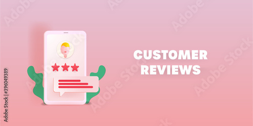 3D style illustration - Customer review, feedback and rating on mobile phone screen with abstract design concept. Marketing survey, evaluation and experience.