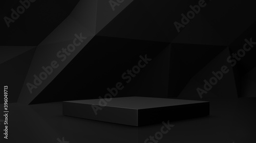 Dark black 3d background with one geometric shapes, podium on the floor. Platforms for product presentation, Abstract composition design, showcase minimal is black , copy space, bander