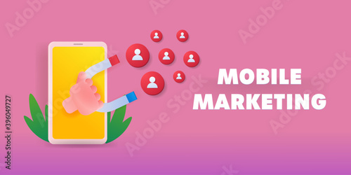 Mobile marketing and inbound marketing. Online business attracting new customers with mobile advertising and digital marketing. 3d style illustration.