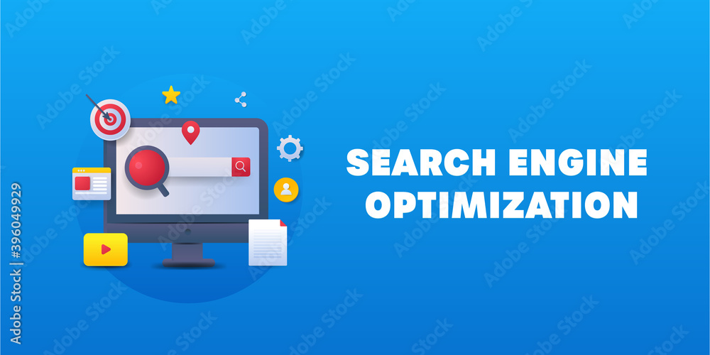 Business seo, targeting online audience with seo strategy, content marketing and website optimization. 3d style web banner illustration. Business seo, targeting online audience with seo strategy, content marketing and website optimization. 3d style web banner illustration.