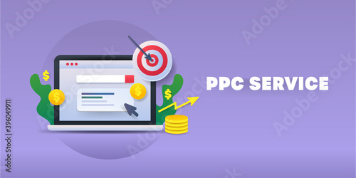 3d illustration style pay per click concept. Digital advertising, search engine marketing and ppc campaign. Web banner template.