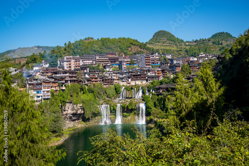 The Wangcun Waterfall at Furong Ancient Town. Amazing beautiful landscape scene of Furong Ancient Town (Furong Zhen, Hibiscus Town), China
 photo