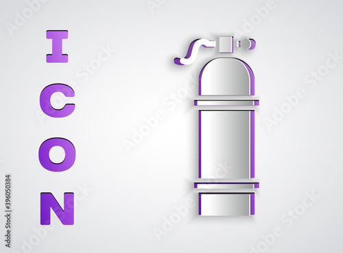 Paper cut Aqualung icon isolated on grey background. Oxygen tank for diver. Diving equipment. Extreme sport. Sport equipment. Paper art style. Vector Illustration.