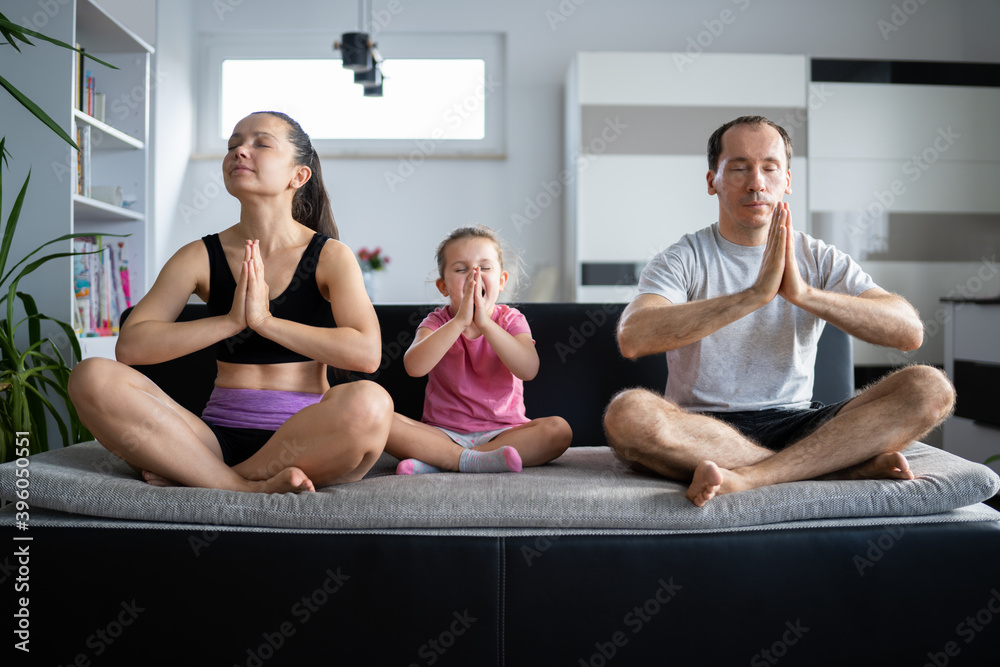 Adult Family With Girl Yoga Meditation Adult Family With Girl Yoga Meditation