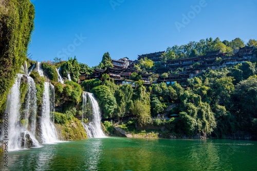 he Wangcun Waterfall at Furong Ancient Town. Amazing beautiful landscape scene of Furong Ancient Town  Furong Zhen  Hibiscus Town   China