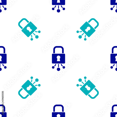 Blue Cyber security icon isolated seamless pattern on white background. Closed padlock on digital circuit board. Safety concept. Digital data protection. Vector.