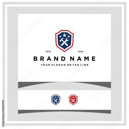 wrench with hammer american shield logo design vector