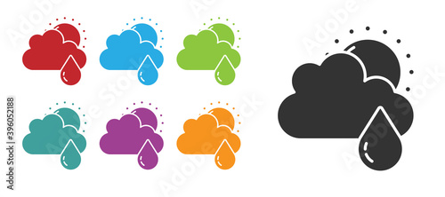 Black Cloud with rain and sun icon isolated on white background. Rain cloud precipitation with rain drops. Set icons colorful. Vector.