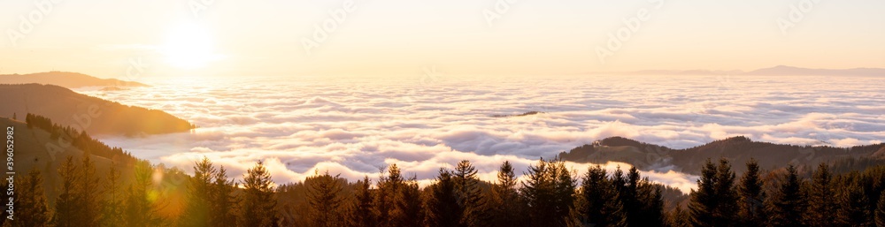 Obraz premium Sonnenuntergang Schwarzwald Gipfel mit Wolkendecke Panorama
