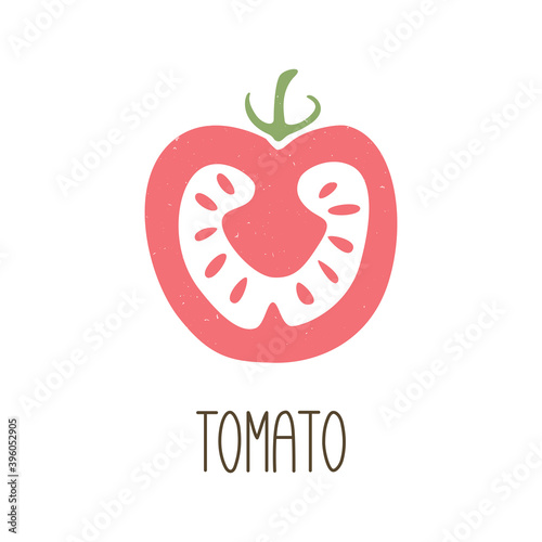 Cute caption tomato slice icon isolated on white background. Colorful pictogram original design. Can be used for infographics, identity or decoration. Vector shabby hand drawn illustration