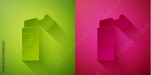 Paper cut Pepper spray icon isolated on green and pink background. OC gas. Capsicum self defense aerosol. Paper art style. Vector.