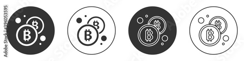 Black Cryptocurrency coin Bitcoin icon isolated on white background. Physical bit coin. Blockchain based secure crypto currency. Circle button. Vector.