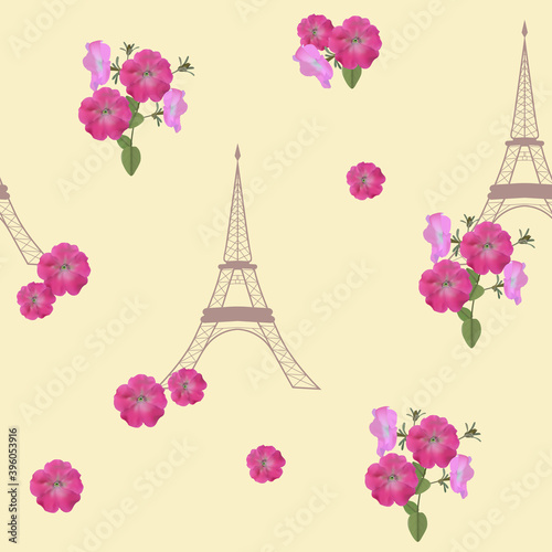 Seamless vector illustration with Eiffel tower and flowers on a beige background.