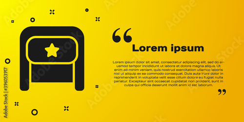 Black Ushanka icon isolated on yellow background. Russian fur winter hat ushanka with star. Soviet Union uniform of KGB and NKVD. Vector.