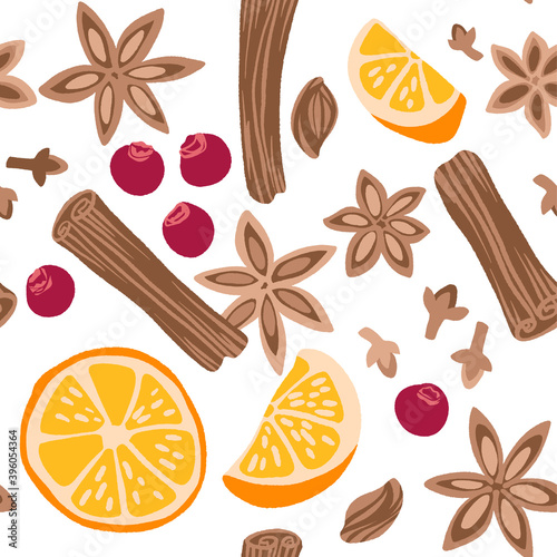 Decorative vector seamless pattern with spices and ingredients for mulled wine.