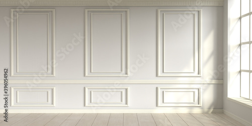 Modern classic white empty interior with wall panels and wooden floor. 3d render