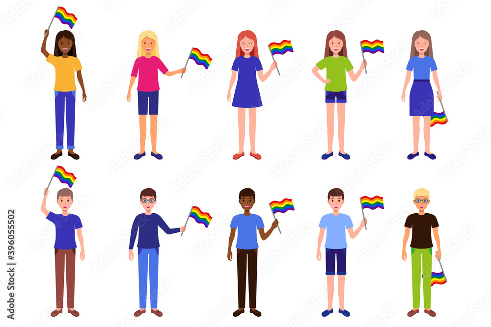 Vector cartoon set of illustrations with men and women of different races holding LGBT community rainbow flags.