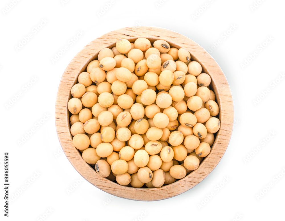 Soybeans in a wooden bowl on white background Soybeans in a wooden bowl on white background