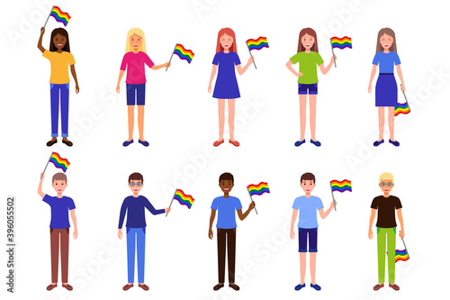 Vector cartoon set of illustrations with men and women of different races holding LGBT community rainbow flags.