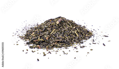 Dried green tea on white background.