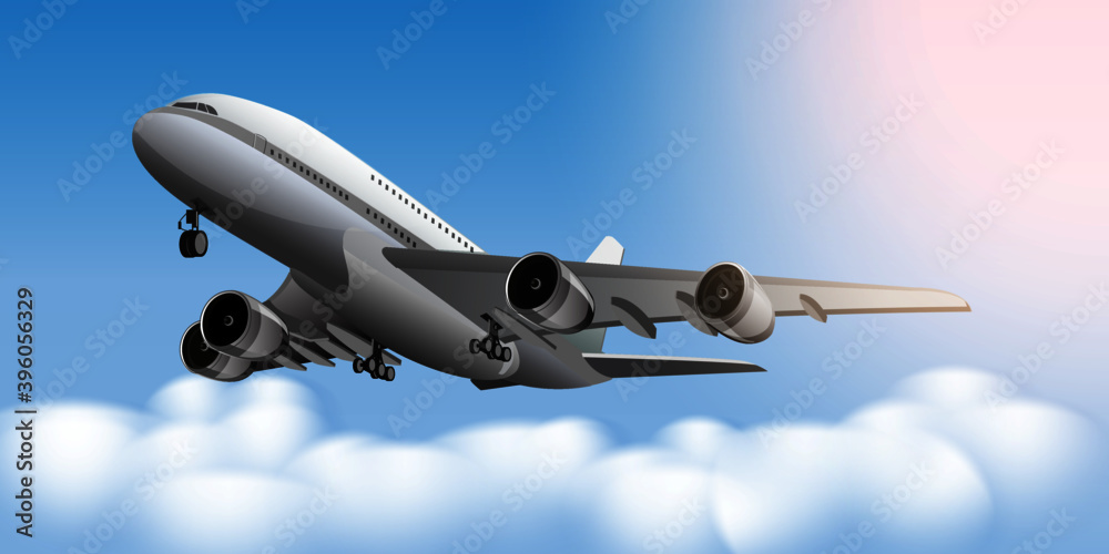 Obraz premium Airplane flying on cloudscape and blue sky for traveling journey and cargo advertising banner background and wallpapers.Vector illustrations.