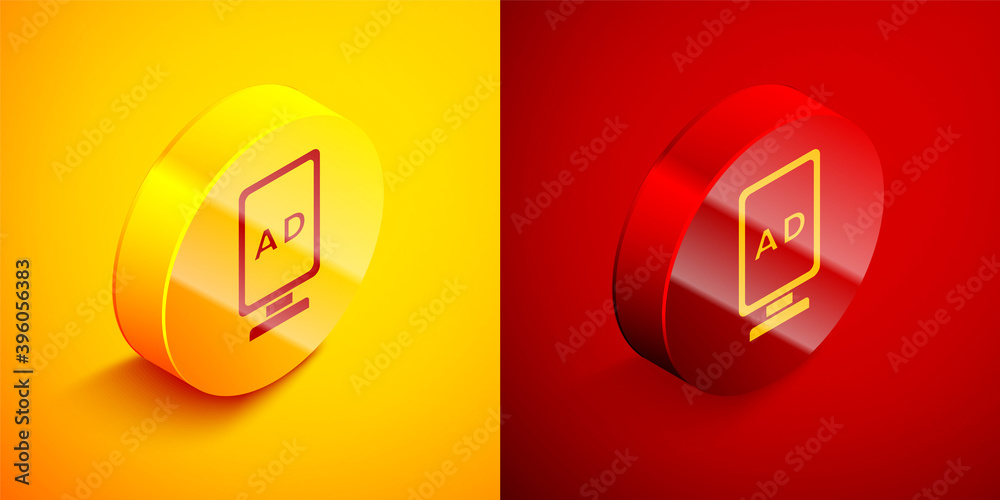 Isometric Advertising icon isolated on orange and red background. Concept of marketing and promotion process. Responsive ads. Social media advertising. Circle button. Vector. Isometric Advertising icon isolated on orange and red background. Concept of marketing and promotion process. Responsive ads. Social media advertising. Circle button. Vector.