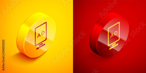 Free Download Isometric Advertising icon isolated on orange and red background. Concept of marketing and promotion process. Responsive ads. Social media advertising. Circle button. Vector. - GFXLoad