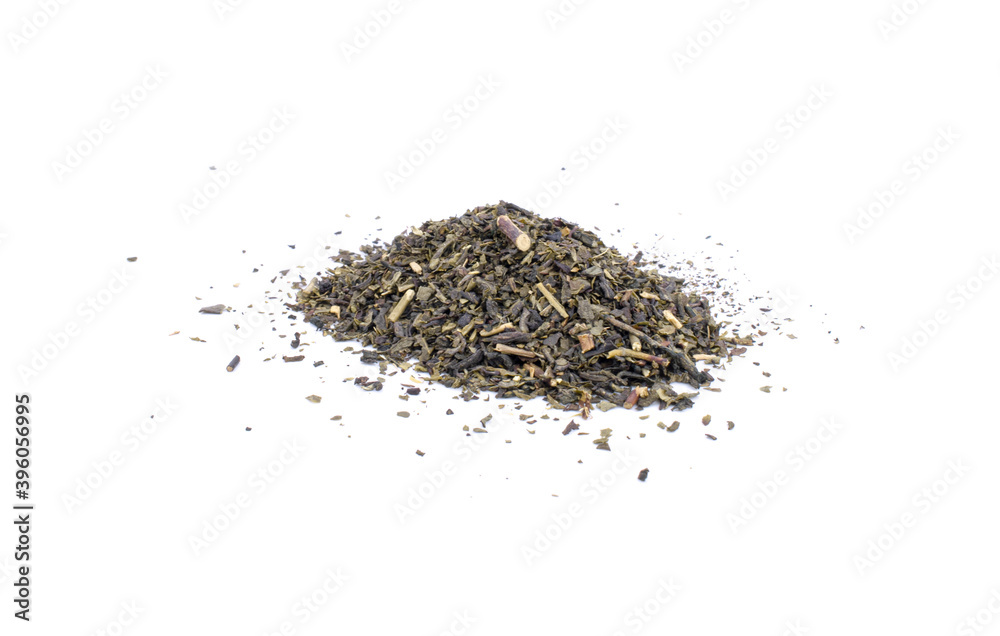 Dried green tea on white background. Dried green tea on white background.