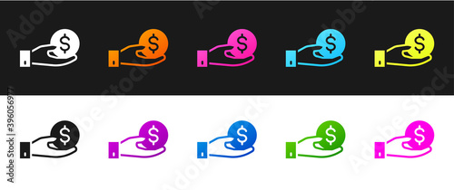 Set Human hand giving money icon isolated on black and white background. Receiving money icon. Vector.