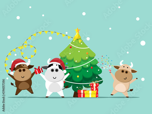merry christmas and happy new year with ox, cute cow  in party cartoon