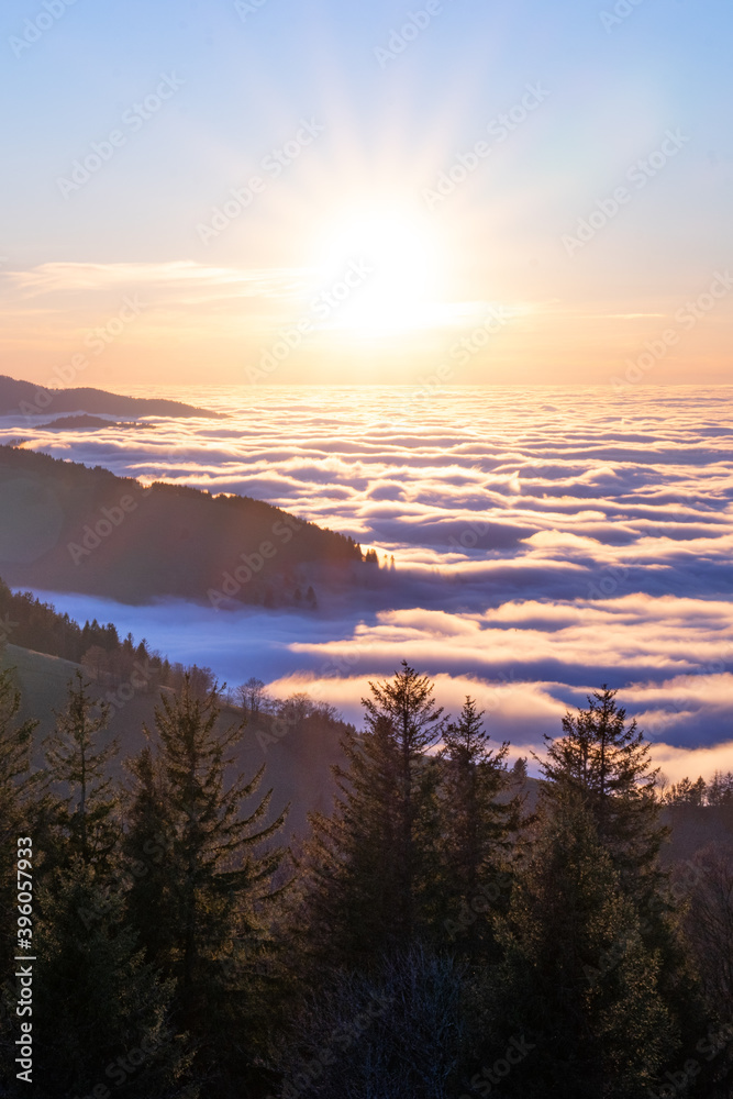 Sonnenaufgang im Schwarzwald über Nebeldecke