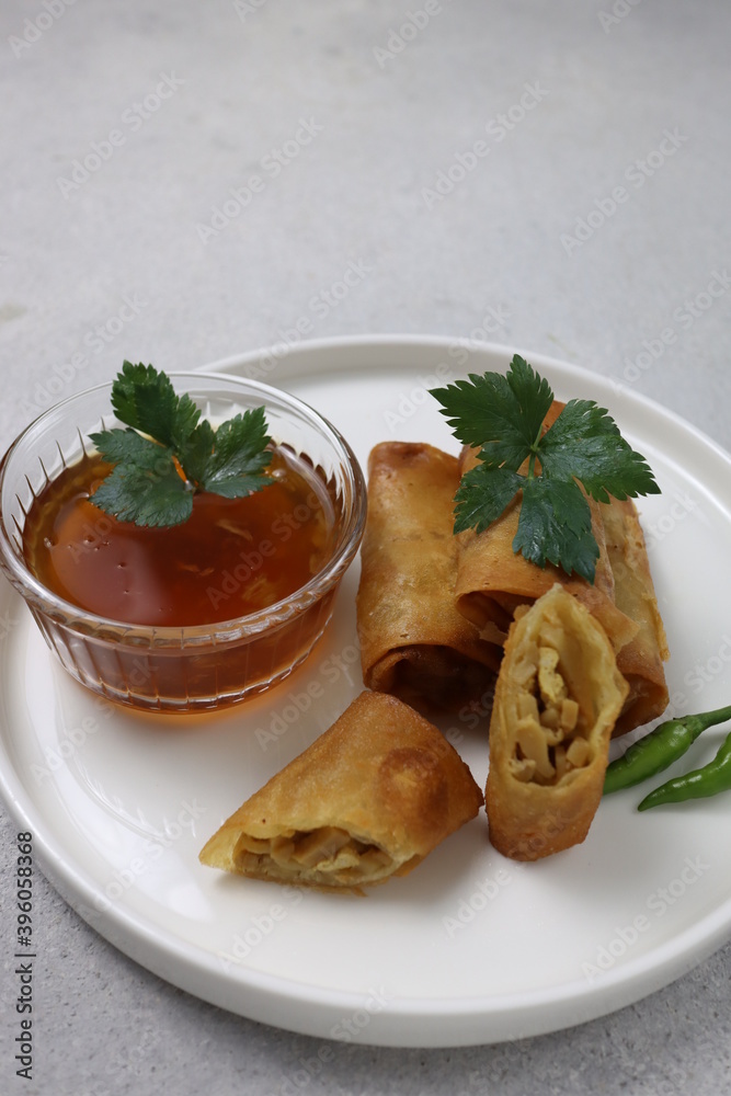 Lumpia Rebung. Bamboo shoot spring rolls is indonesian traditional snack.