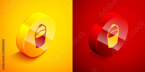 Isometric Fire bucket icon isolated on orange and red background. Metal bucket empty or with water for fire fighting. Circle button. Vector.