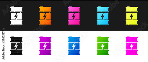 Set Bio fuel barrel icon isolated on black and white background. Eco bio and canister. Green environment and recycle. Vector.