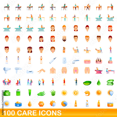 100 care icons set. Cartoon illustration of 100 care icons vector set isolated on white background