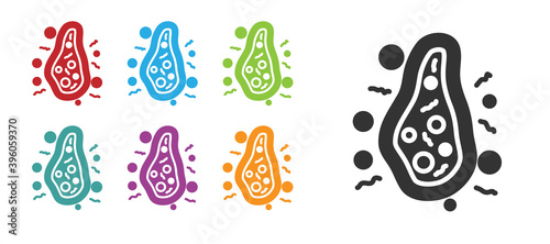 Black Bacteria icon isolated on white background. Bacteria and germs, microorganism disease causing, cell cancer, microbe, virus, fungi. Set icons colorful. Vector.