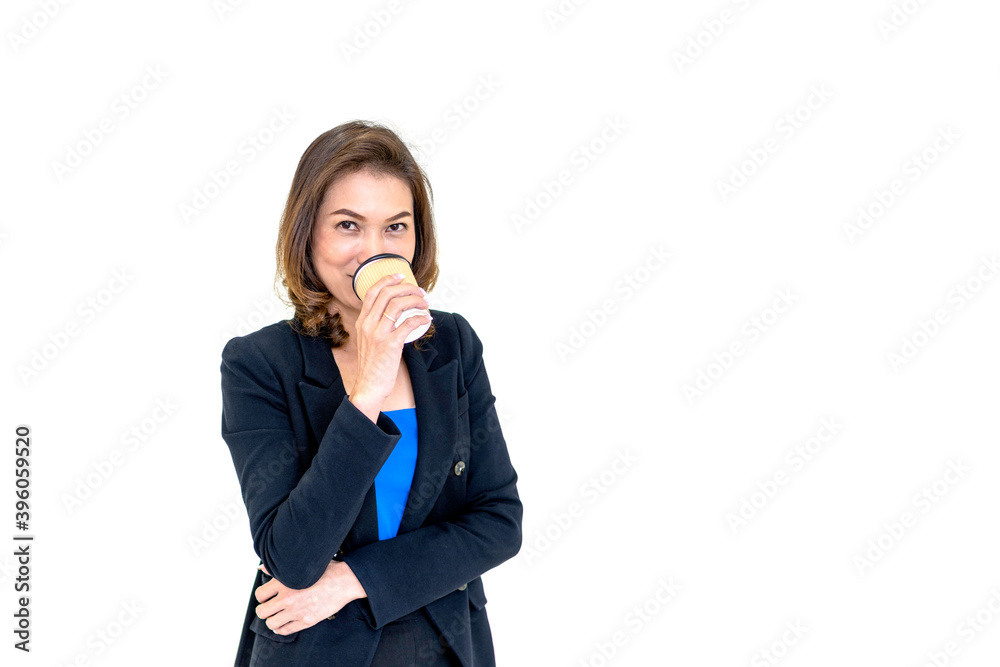 Portrait of business woman drink coffee, holding coffee cup on white background. Portrait of business woman drink coffee, holding coffee cup on white background.