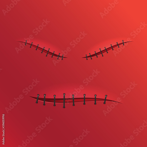 three seams of fabric or wounds resembling the emotion of an angry face on a red background. Vector illustration