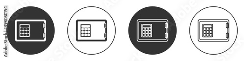 Black Safe icon isolated on white background. The door safe a bank vault with a combination lock. Reliable Data Protection. Circle button. Vector.