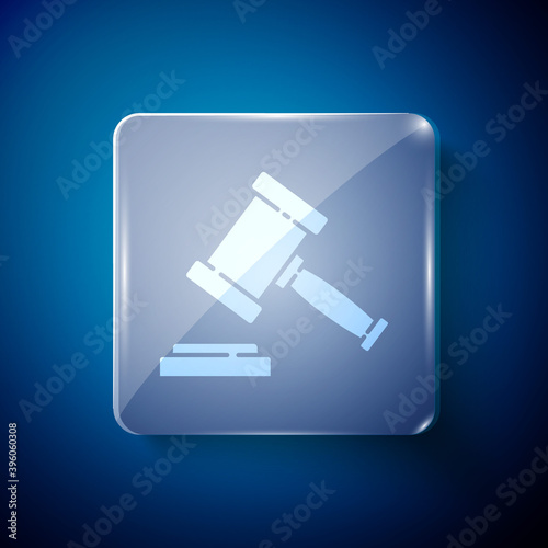 White Judge gavel icon isolated on blue background. Gavel for adjudication of sentences and bills, court, justice. Auction hammer. Square glass panels. Vector.