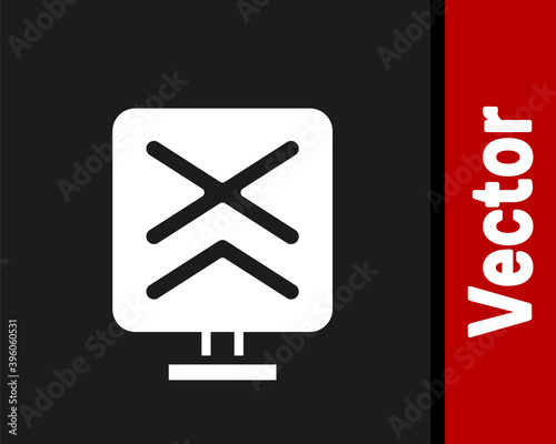 White Railroad crossing icon isolated on black background. Railway sign. Vector.
