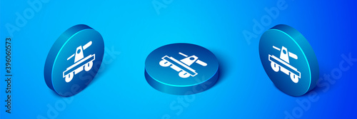 Isometric Draisine handcar railway bicycle transport icon isolated on blue background. Blue circle button. Vector. photo