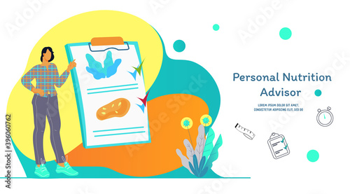 Personal nutrition advisor website banner with nutritionist making diet plan. Weight loss and diet assistance of professional nutritionist. Landing web page template flat vector illustration.