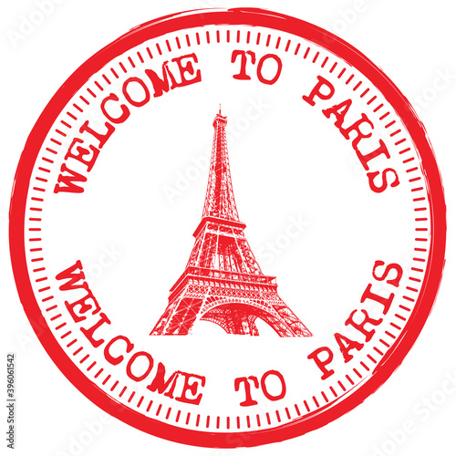 Photography Welcome to Paris. Vector Red Stamp.