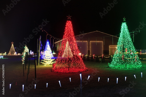 Christmas tree with lights in a yard at night in Hutchinson Kansas USA.