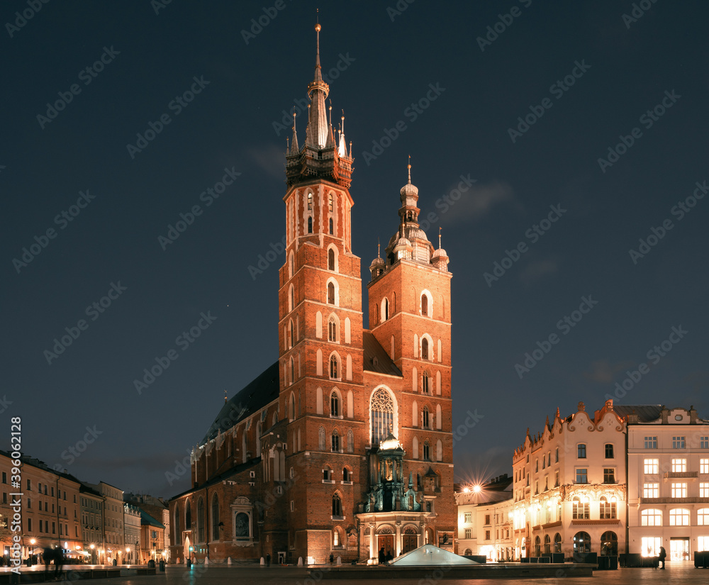 Krakow attractions in market square in the evening. Symbol of Krakow, Poland Europe.