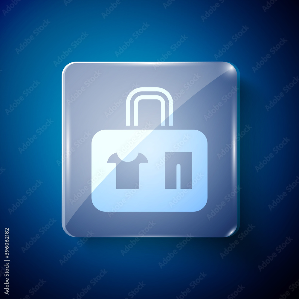 White Suitcase for travel icon isolated on blue background. Traveling baggage sign. Travel luggage icon. Square glass panels. Vector. White Suitcase for travel icon isolated on blue background. Traveling baggage sign. Travel luggage icon. Square glass panels. Vector.