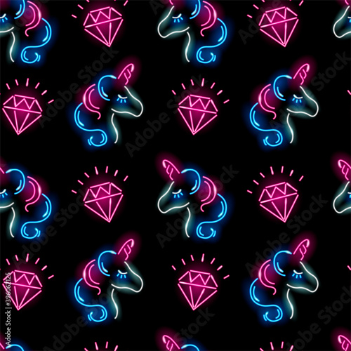 Seamless pattern with neon icons of unicorn face and pink diamonds on black background. Girly, dream, jewelry concept for wallpaper, print or wrapping paper. Vector 10 EPS illustration.